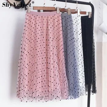 

Pleated Tulle Skirt Women 2019 Spring Summer Dot A-line Sweet Long Tutu Mesh Skirts Female Midi Skirt Patchwork Girl Skirt Pink