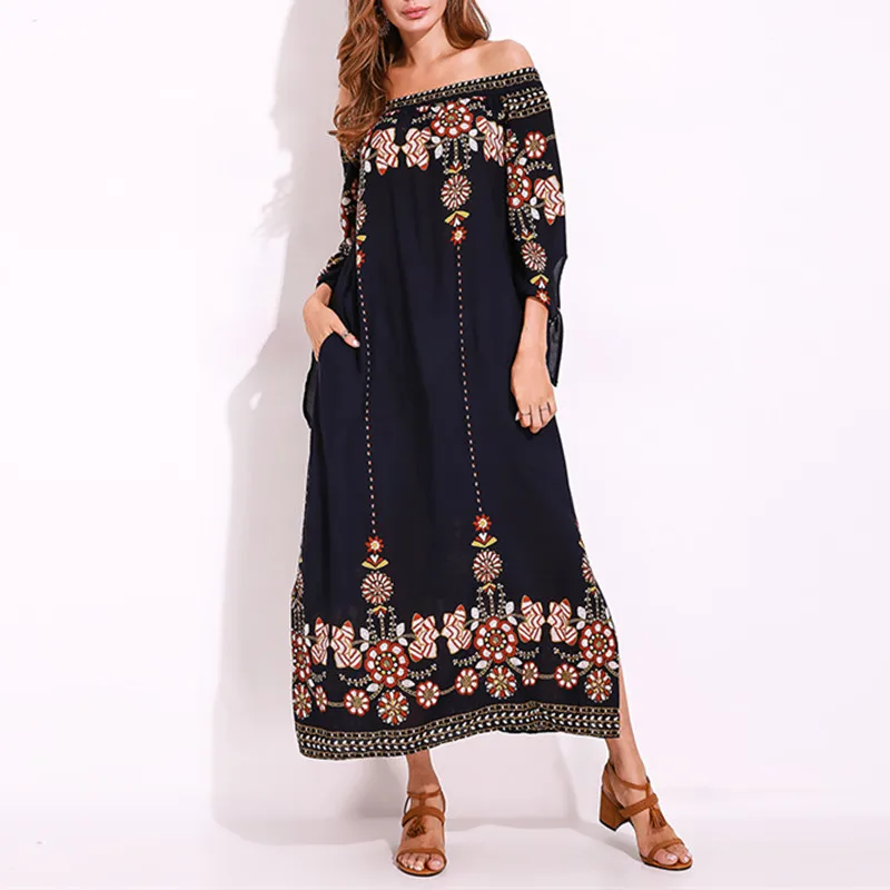 2018 Women Floral Print SunDresses Party Bohemian Long Dress Dresses Vintage Beach Summer Boho Style Plus Size 5XL Maxi Dress Dresses