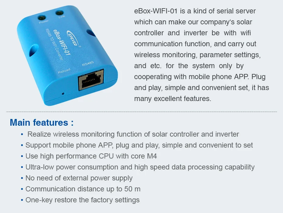EPever eBox-WIFI-01 WIFI Serial Server RS485 to WIFI Support APP for EPsolar LS-B VS-A VS-BN Tracer-A Tracer-BN SHI_02