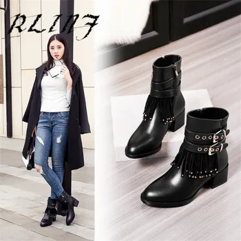 

RLINF New Square and Leather Women's Boots Large Size Tassel Boots