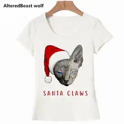 Рождественская футболка с котом, женские футболки с принтом Санта-Клауса и когтями, белые летние женские топы с короткими рукавами Kawaii для