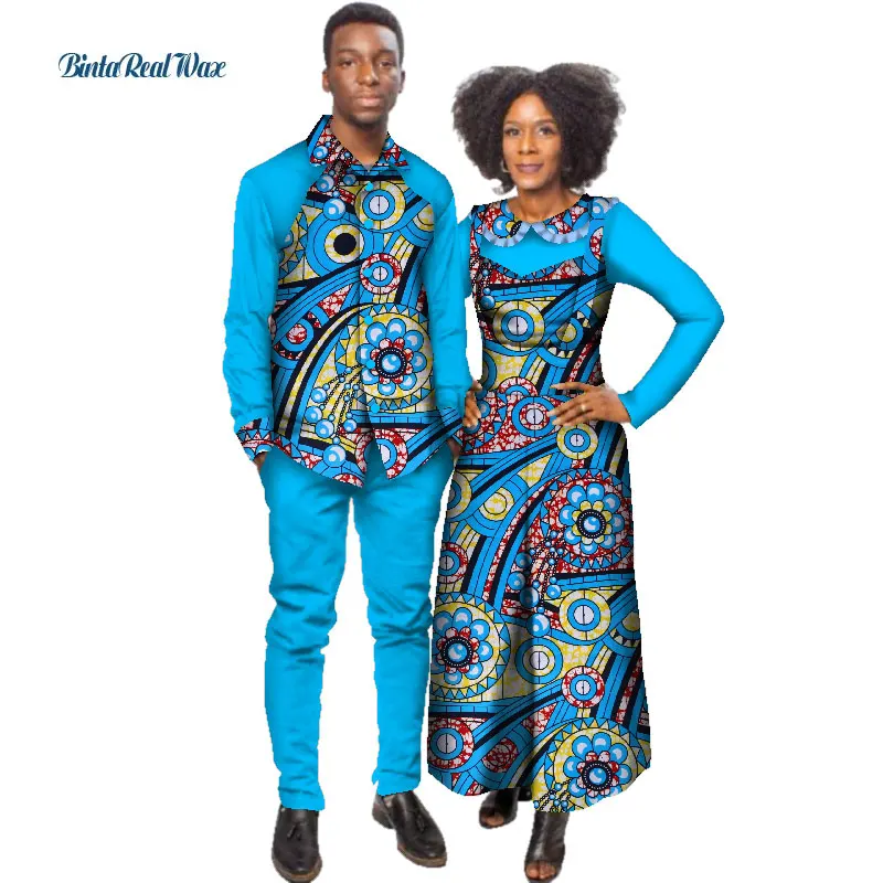 Африканский принт комбинезон с рубашкой для женщин Базен Riche Мужская рубашка и брюки наборы африканская одежда Lover свитшот для пар WYQ129