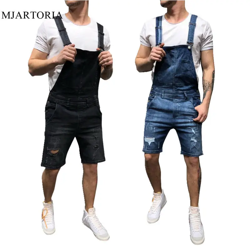 

MJARTORIA Men Ripped Short Jeans Jumpsuits Summer Street Distressed Denim Bib Overalls Men Suspender Pant Fashion Streetwear