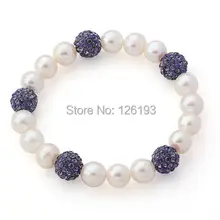 A класс круг белый пресной воды жемчуг и фиолетовый кристаллический шарик эластичный браслет