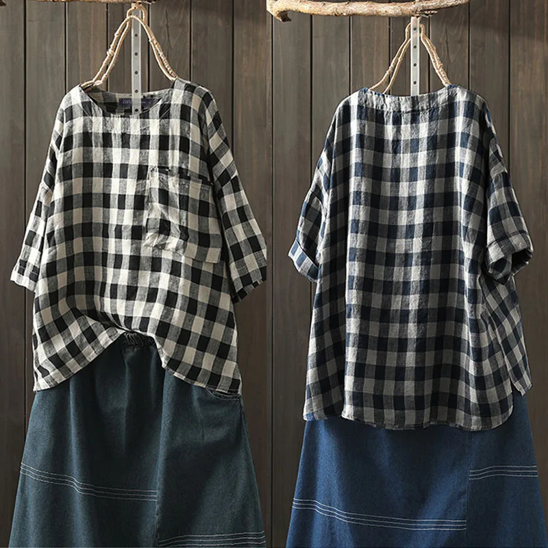

ZANZEA Summer Plaid Checked Shirt Vintage Women Short Sleeve Blouse Female Pockets Loose Party Blusas Mujer Chemise Tunic Tops