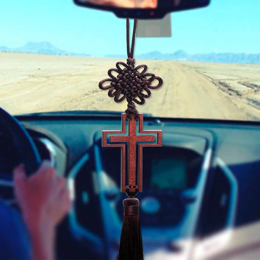 Christian Wood Cross Decoration Car Rearview Mirror Hanging Ornaments Hollow Cross Tassel Auto Accessories Decors