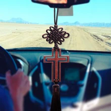 Christian Wood Cross Decoration Car Rearview Mirror Hanging Ornaments Hollow Cross Tassel Auto Accessories Decors