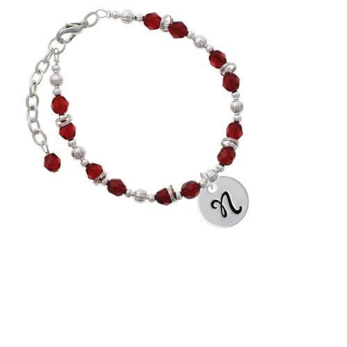 Silvertone Large Script Letter - N - 3/4'' Disc - Maroon Beaded Bracelet