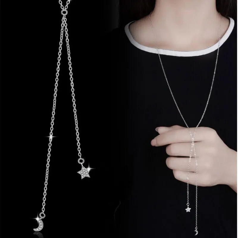

Anenjery 925 Sterling Silver Jewelry Crystal Zircon Stars Moon Long Statement Chain Necklace For Women collares S-N48