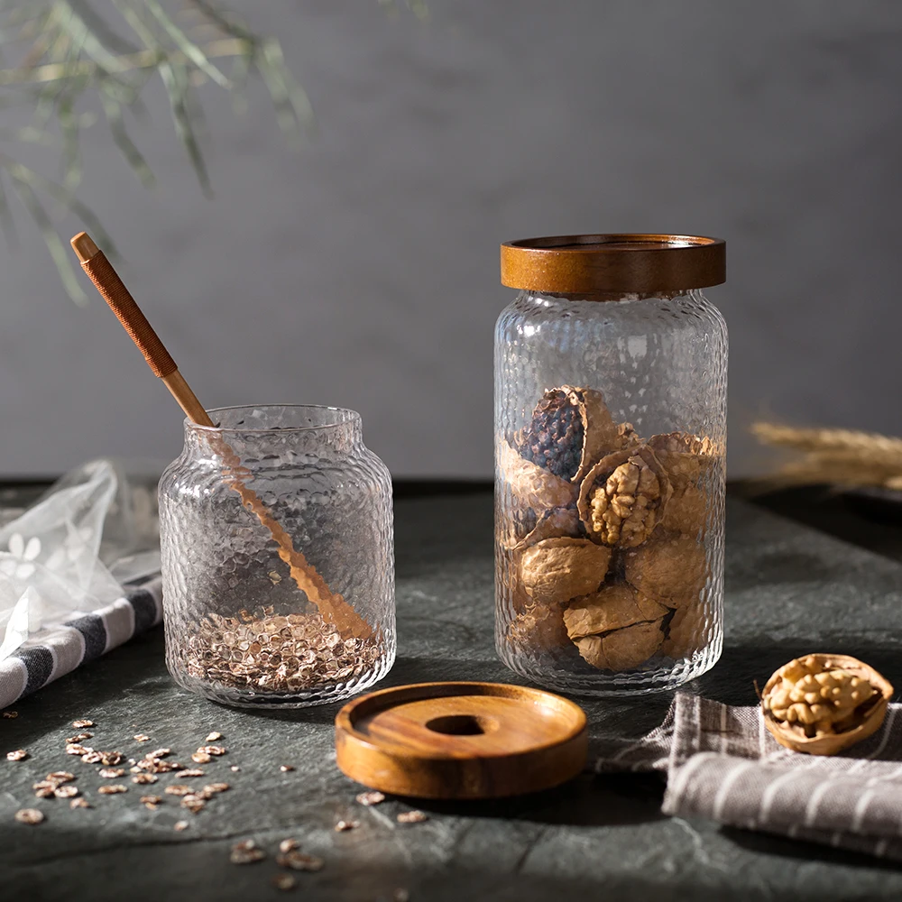 

Glass Food Storage Jar Bottle Spices Sugar Tea Coffee Container Box Grains Nuts Tank Can Storage Organizer Wood Sealed Cover