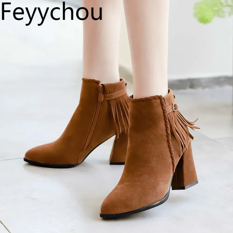 

Women Boots Autumn Winter High Heel Warm Flock Pointed Toe Fringe Zip Ankle Chelsea Shoe 2018 Sexy New Fashion Beige Size 34-43