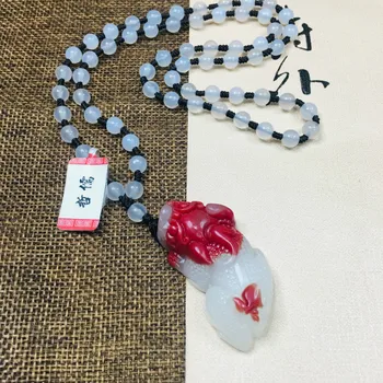 

Zheru Jewelry Pure Natural Colorful Jade Carved Two-Colored Beast Pendant Three-Color Jadeite Bead Necklace Send A-Class Certifi