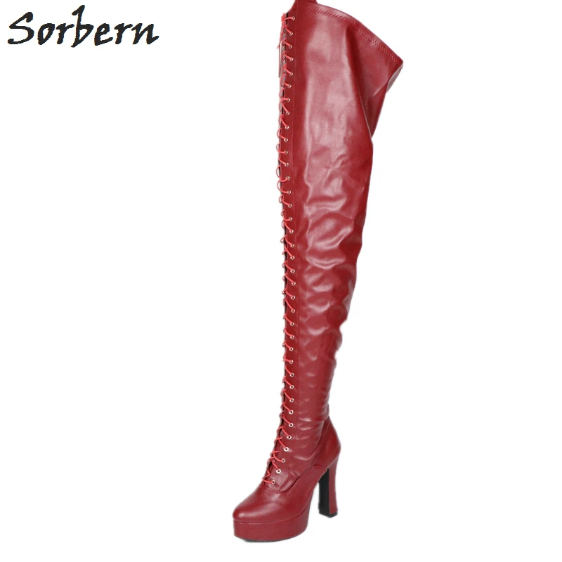 red thigh high boots block heel