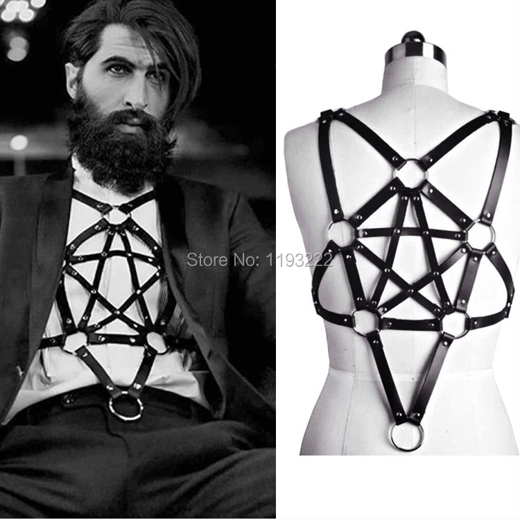 男性と女性のための革のハーネス 手作り 星付きガーター 五芒星 バストハーネス ボンデージベルト 黒 Leather Harness Leather Harness Fashionharness Body Aliexpress