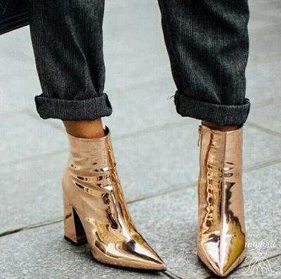 Mi mollet Solide Bottes Ravrry En Courte Chunky Gold Verni Pompes Bling sliver Talon Pointu Bout Cuir Boucle Botte Rfwf5qWExd