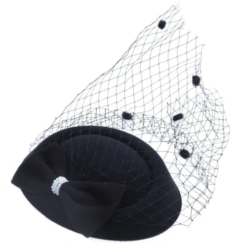 Женские вуалетки шляпа Pillbox шляпа Коктейльные Вечерние шляпы с точками вуаль бант заколка для волос черный