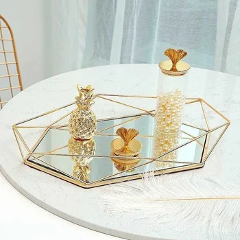 

Geometric Metal Glass Storage Tray Quality Exquisite Polygon Makeup Jewelry Desktop Sundries Decorative Organizer Plate Holders