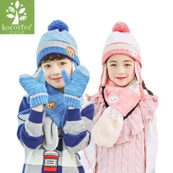 Kocotree/осенне-зимний детский комплект, теплая вязаная шапка с шарфом, варежки, Лидер продаж, для мальчиков и девочек 1-10 лет, шапка с помпонами