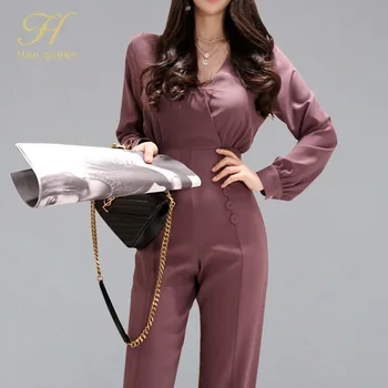 

H Han Queen 2019 Spring New Solid Color Long Jumpsuits Women Casual V-neck Waist Rompers OL Wear To Work Bottoming Siamese Pants