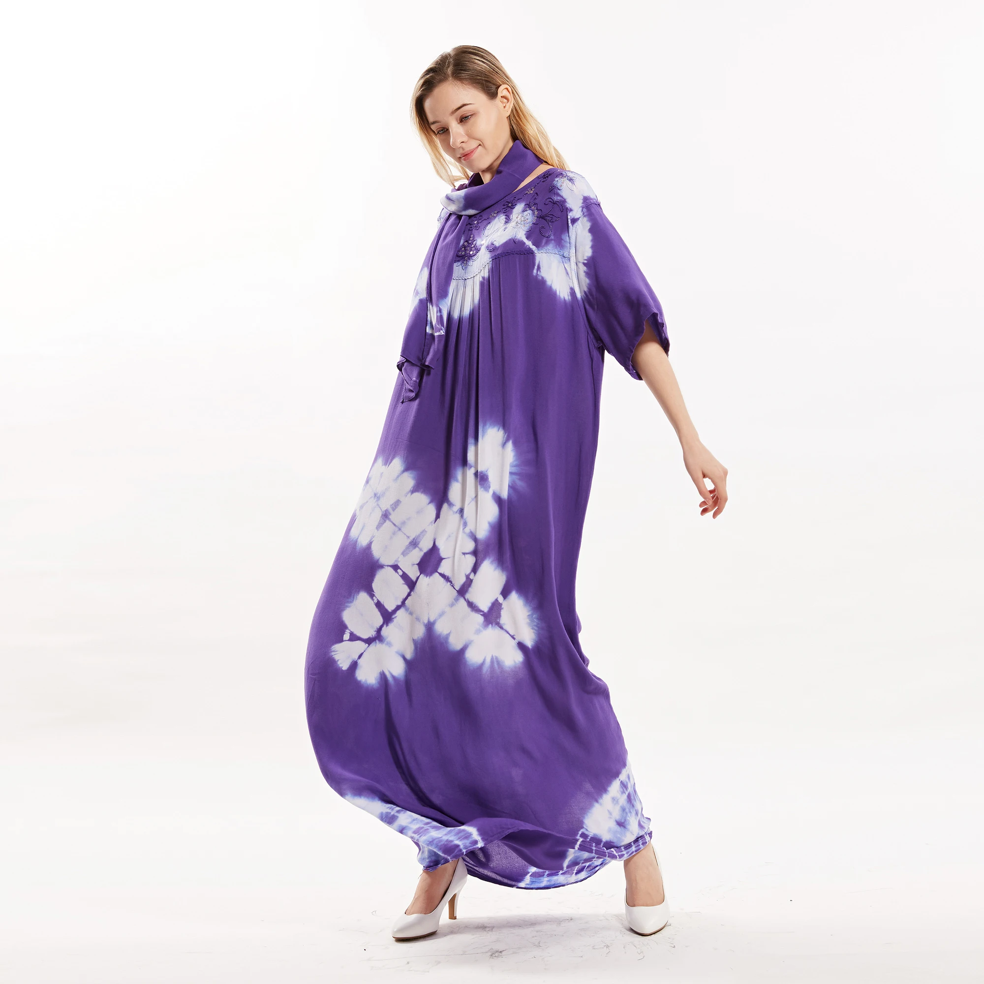 

Purple Cotton Print Dashiki Elegant Dresses For Women Sequin Appliques Ladies Clothes