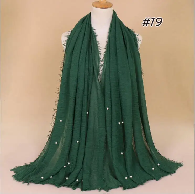 Мусульманский женский однотонный шарф-хиджаб, Женский хлопковый высококачественный платок с жемчугом, зимние шали 190x100 см