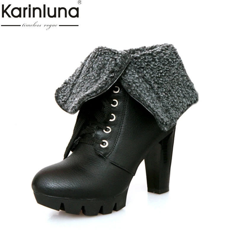 

KARINLUNA brand new dropship big size 33 43 warm plush ankle Boots Women Shoes high heels lace up party Boots shoes woman