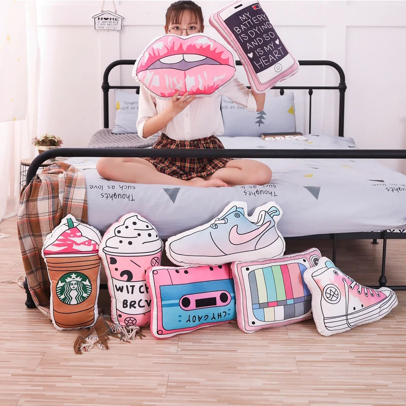 

Cute Creative INS Style Decorative Pillows 3D Cartoon Short Plush Toy Pillow Ultra-soft Simulation Cosmetics Foods Shoes Pillows
