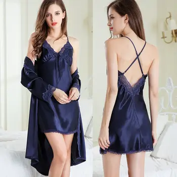 

Plus Size Sexy Woman Bathrobe Nightgowns Set satin silk Embroidered Floral Female 2 Piece Home suit Sleep Suit Robe Sleepshirts