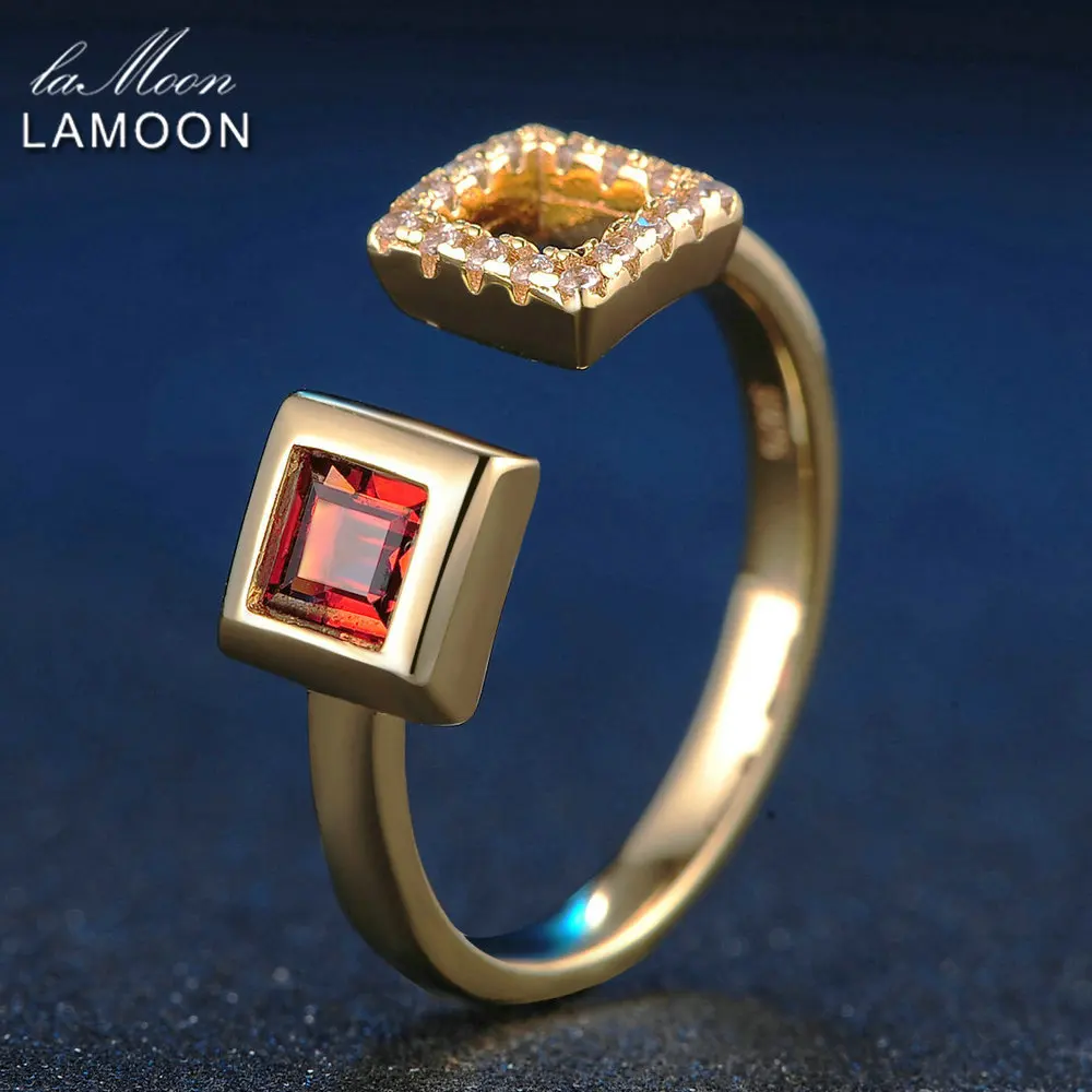 LAMOON S925 Silver Square Rings for Women 0.25ct 100% Natural Red Garnet Gemstone Ring Fine Jewelry Bijoux Wedding Band RI020