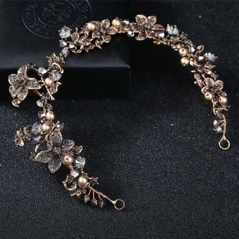 

Handmade Crystal Black Rhinestone Bride Bridal Hair Accessories Head Jewelry HeadPieces Headband Vintage Flower Crown Leaf Tiara