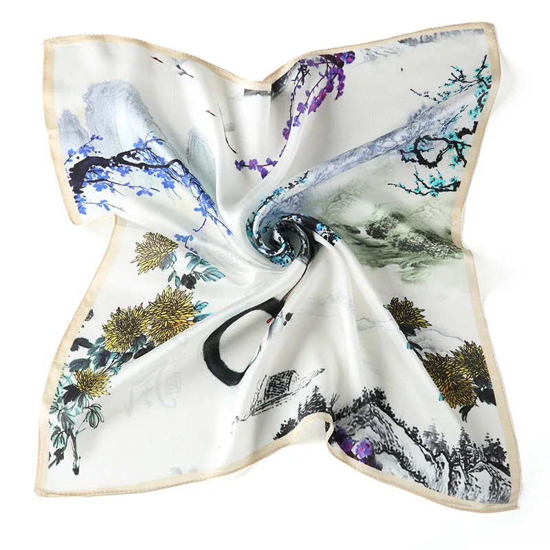  Silk Scarf Small Square Hair Band Printing 55*55CM Woman Elegant Small Retro Head And Neck Silk Sat