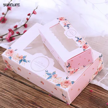 

50pcs Paper Gift Box With Window Wedding Party Pink Rose Wreath Kraft Paper Box Cake Food Packaging Candy Cookies Cupcake
