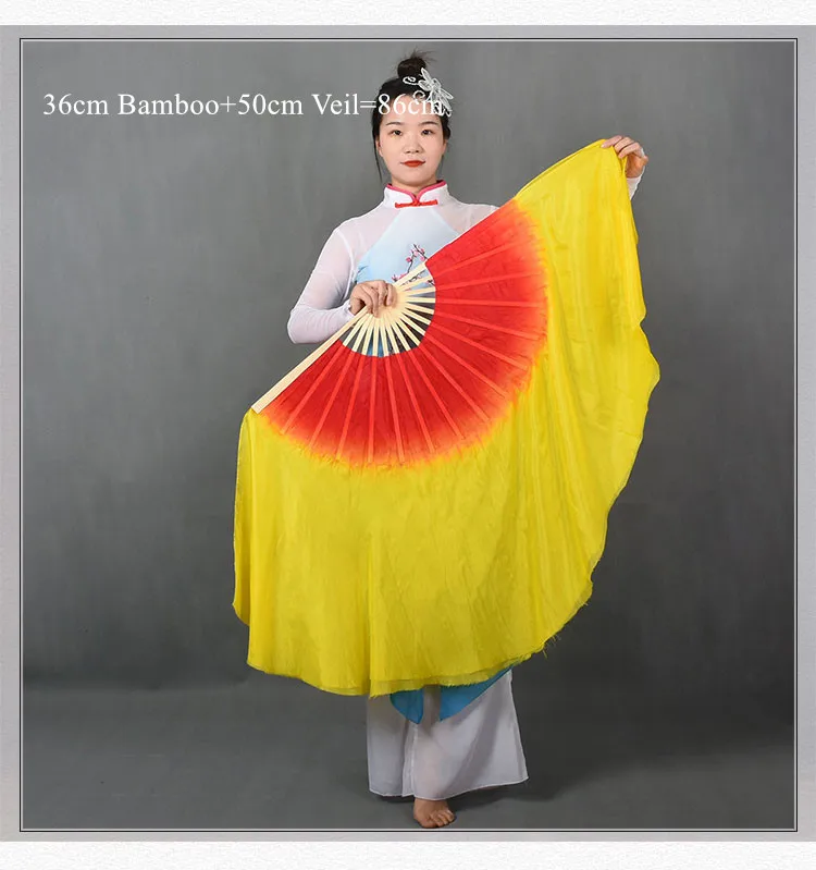 Большой размер красный желтый градиент Танец Живота Шелковые веерные вуали пары(1L+ 1R) китайская шелковая вуаль бамбук складной веер 1"-34"