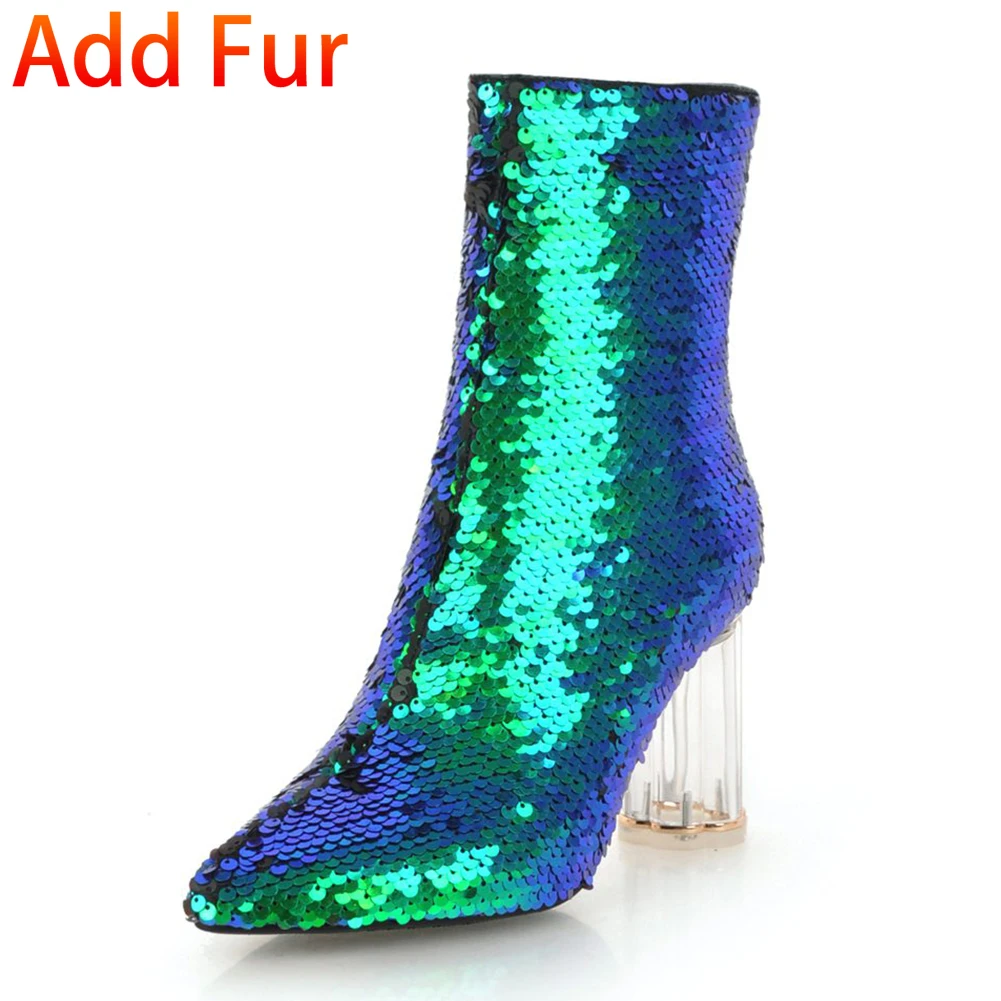 DoraTasia Fashion Sequined Cover Ankle Boots Female Autumn Winter Shoes Pointed Toe High Heels Boots Women Shoes - Цвет: green thick fur