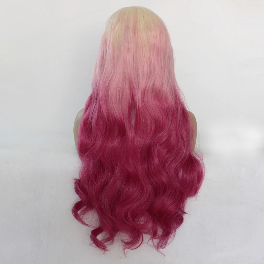 Blonde Ombre Pink Lace Front Wig Synthetic Long Body Wave Wavy Fancy Female Wigs-5