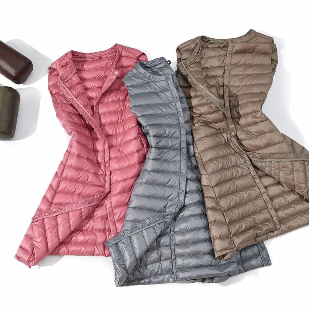 Winter Women's Warm Waistcoat Long Vests Ultra Light White Duck Down Vest Sleeveless Jacket Coat Round Collar Autumn Plus Size