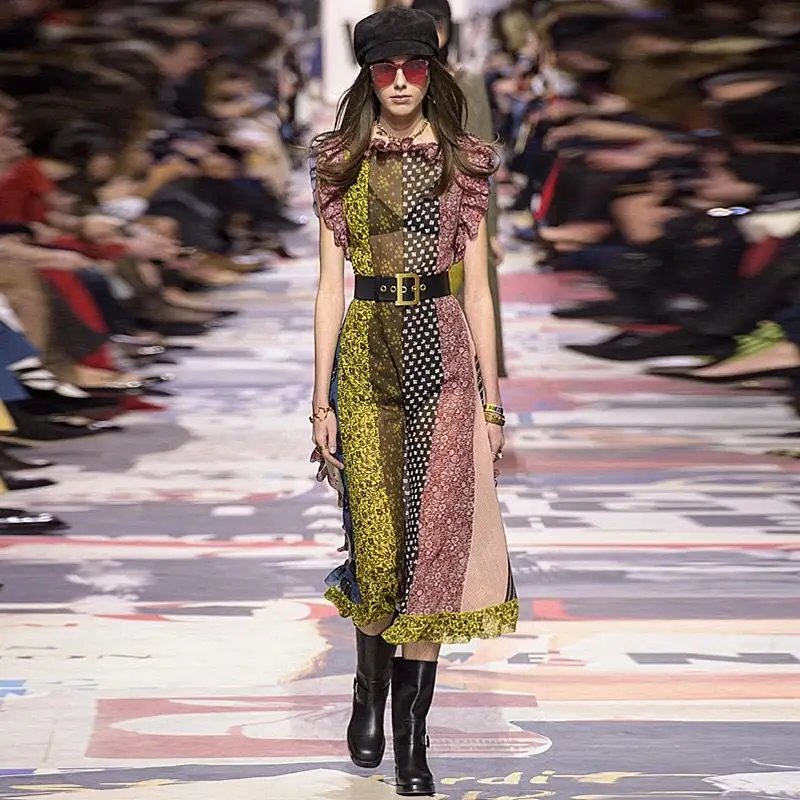 

New Arrival 2018 Designer Women's Boutique Dress Mid Long Ruffles Sleeveless Summer Female Printed Patchwork Dress Belt Vestido