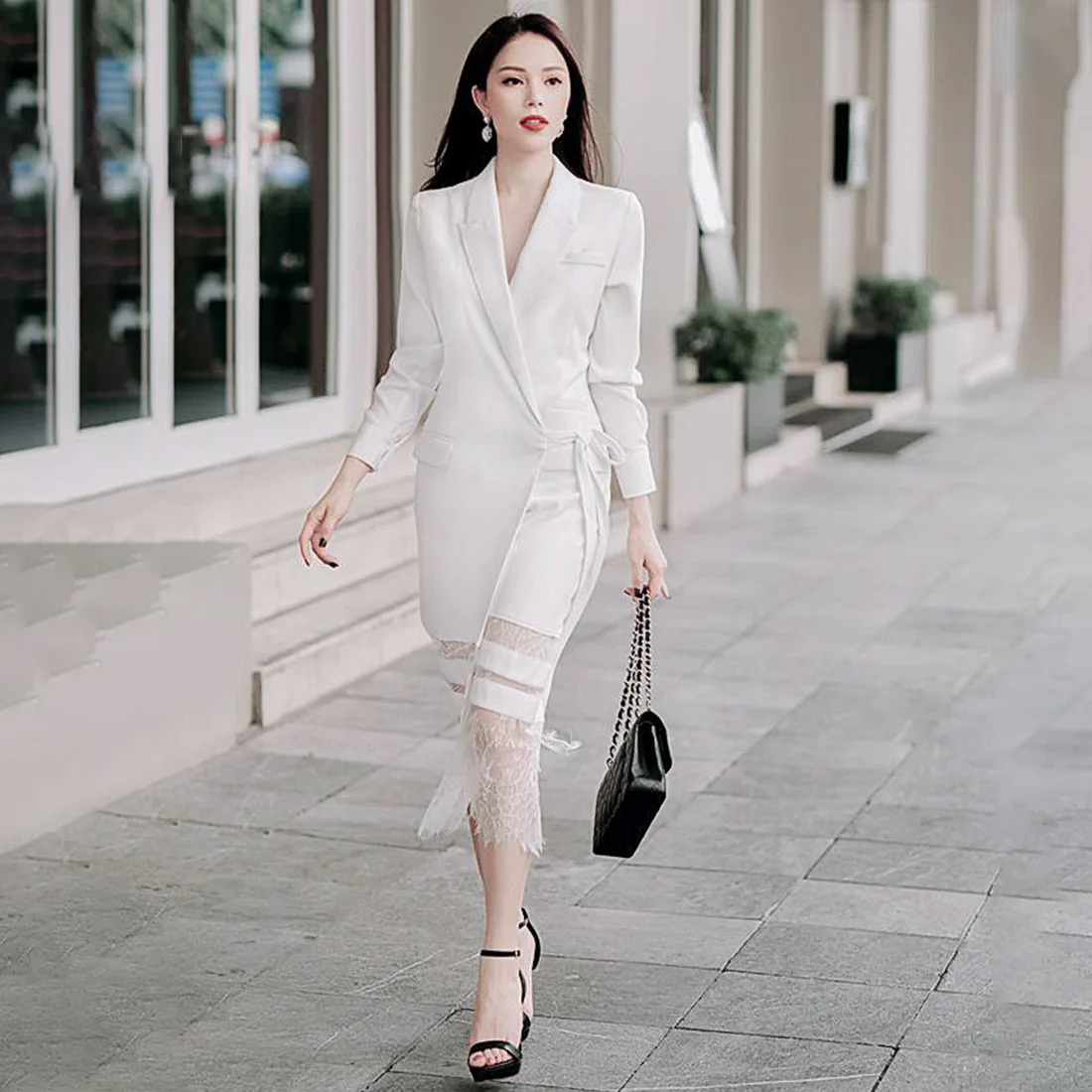2019 Spring New Fashion Women's Lapel Waist Lace Splice Long Suit Jacket Sashes Notched Women Jackets and Coats Suit