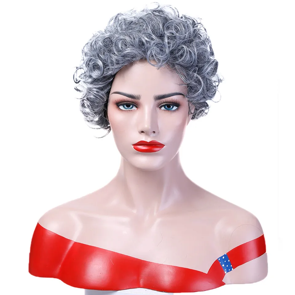 

WTB Short Wigs Mixed Grey Color for Old Women Synthetic Madea Short Curly Wig With Wig Cap Olded Wig Cosplay