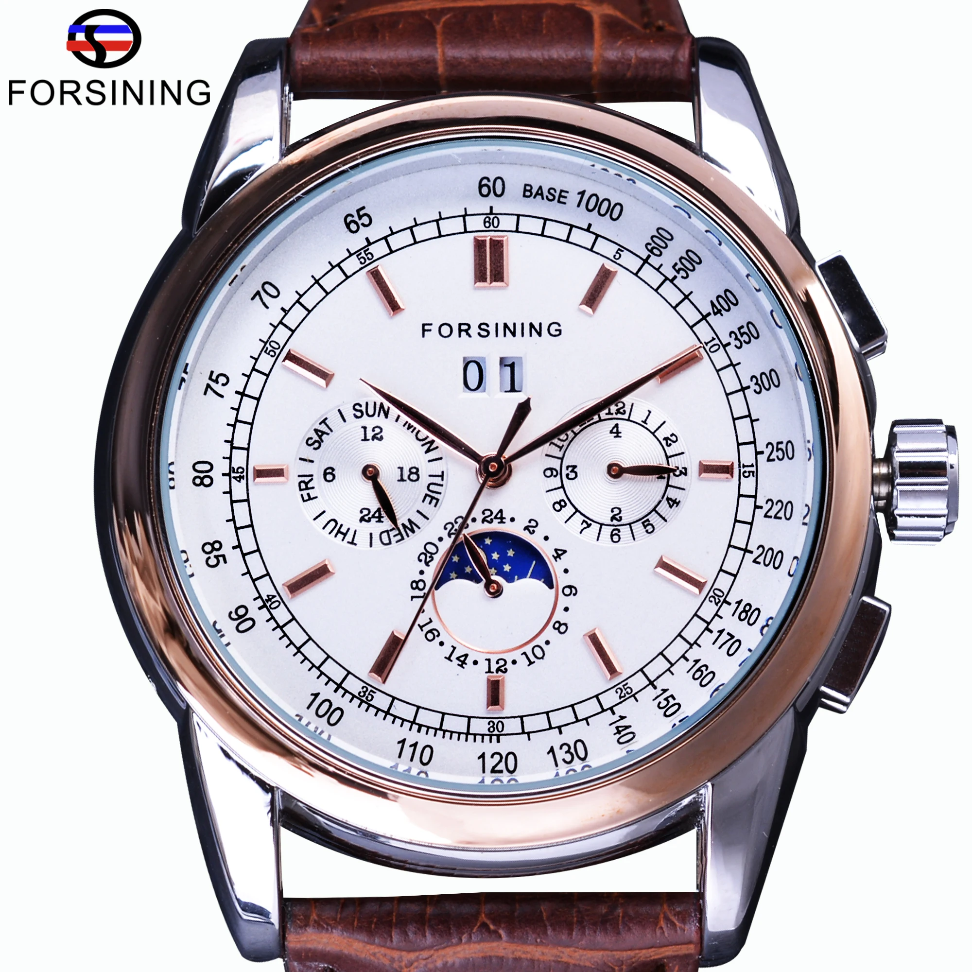 Forsining Rosa D'oro Luna Fase di Progettazione Orologi Meccanici  Automatici Calendario In Pelle Marrone Mens Watch Top Brand di Lusso  Orologio|clock brand|clock designclock men - AliExpress