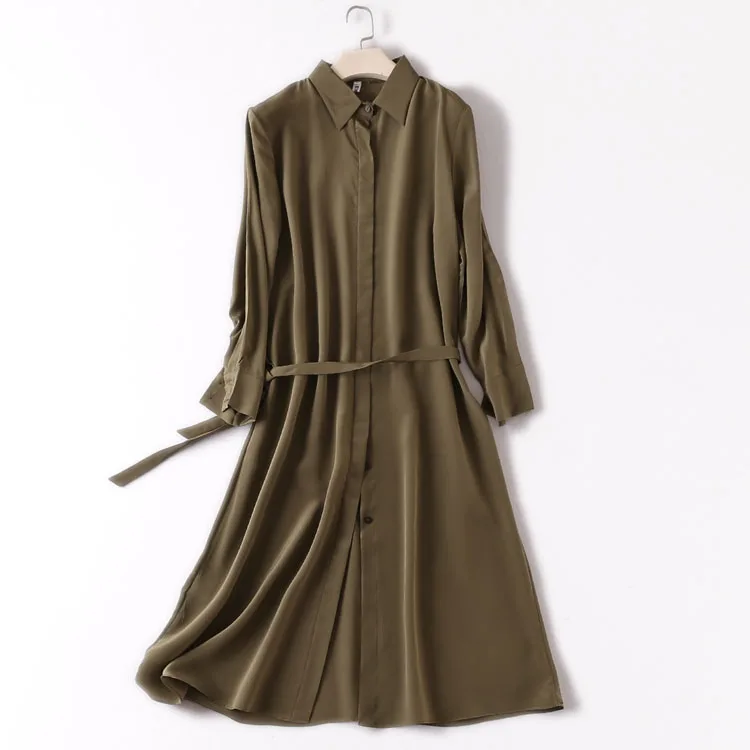 

Women Summer Silk Dress Vintage Navy Green Natural silk dresses Elegant Dress Casual holiday real silk long shirt dress