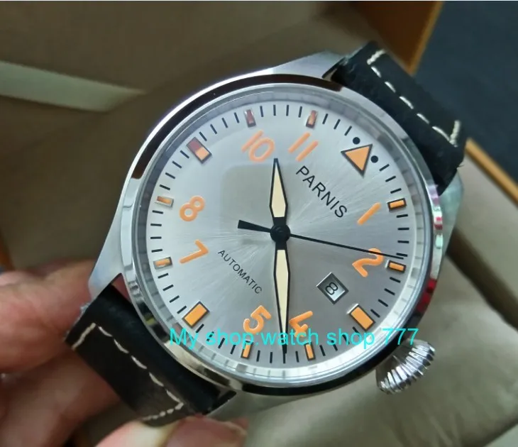 

47mm PARNIS silvery-white dial Automatic Self-Wind movement Auto Date men watches luminous hands Mechanical watches DF284A