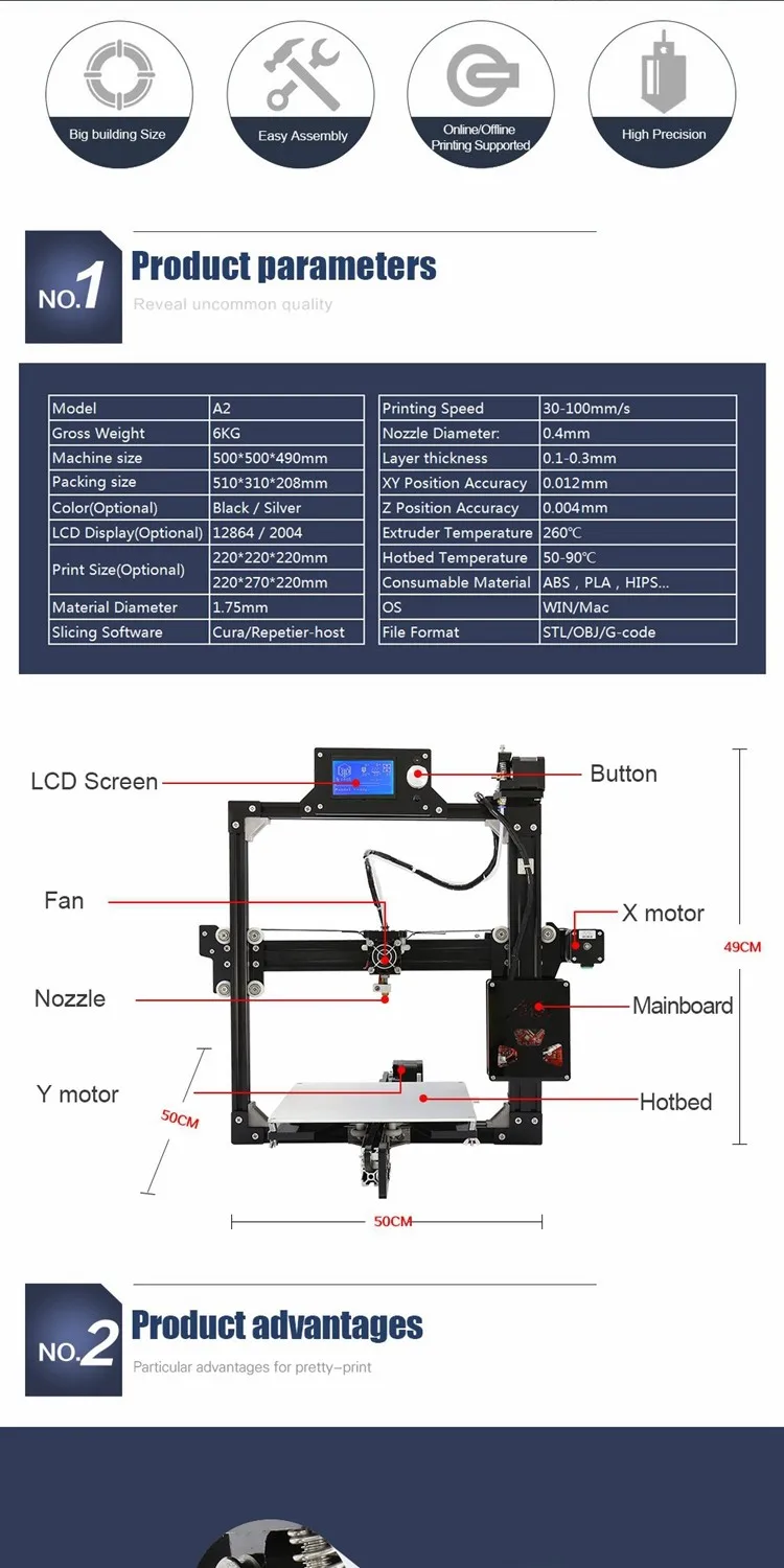 Легко собирающийся студийный фото DIY 3D-принтеры комплект Anet A2 3D-принтеры 12864LCD& 2004LCD печать Размеры 220*220*220 мм/220*270*220 мм