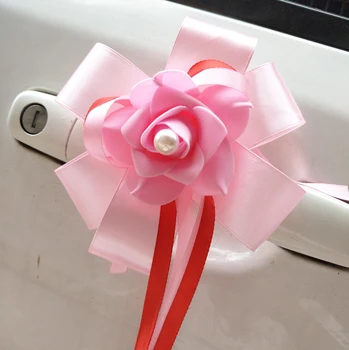 

6 Pieces Set Wedding Car Decoration Bouquet Rear-view Mirror Doorknob Handle Decoration Ribbon Bow-knot Simulation Flower