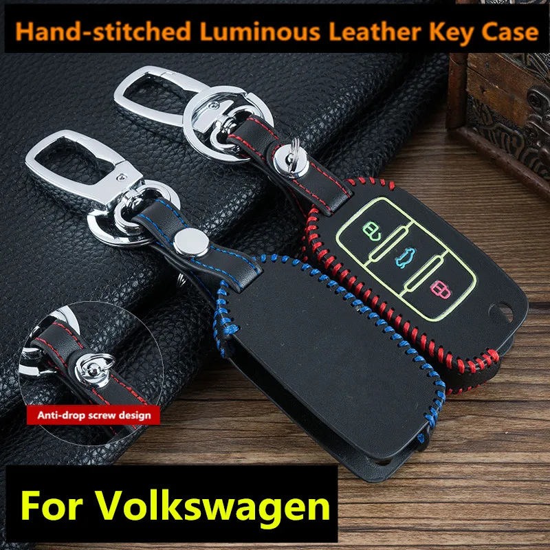 Luminous-3-Buttons-Leather-Car-Flip-Key-Cover-Remote-Fob-Holder-Case-Shell-For-VW-Volkswagen