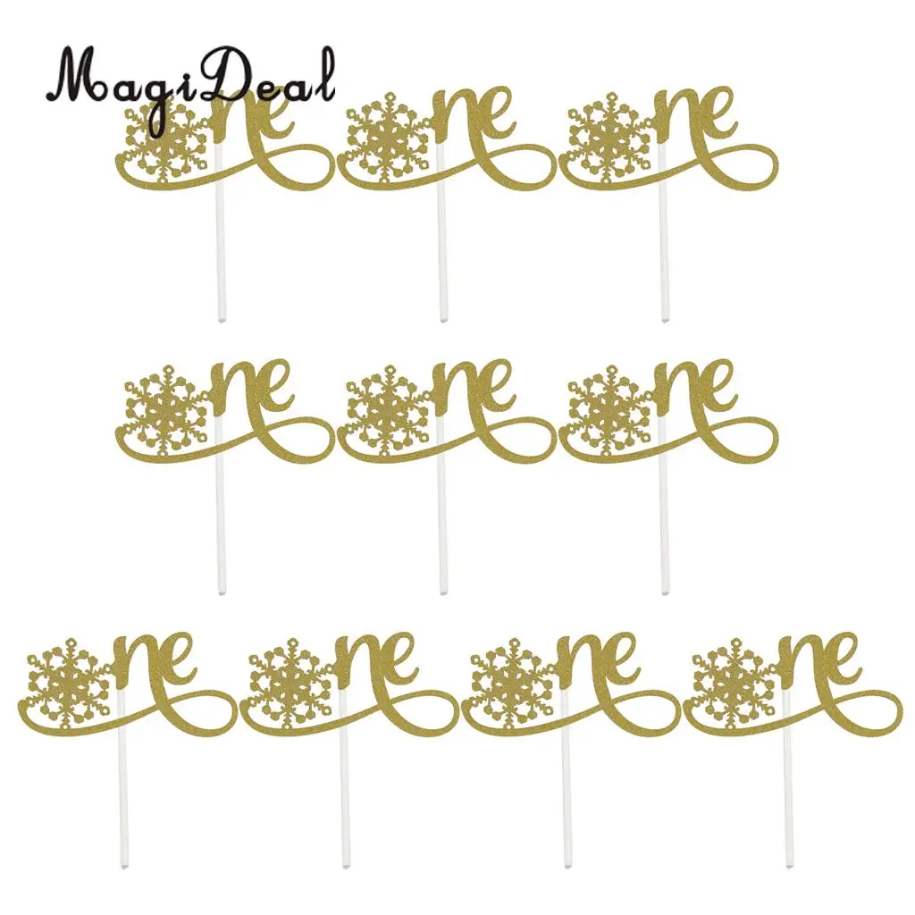 10pcs Glitter Snowflake One Cake Topper Baby 1st Birthday Christening Party Food Picks Photo Prop Silver/Gold