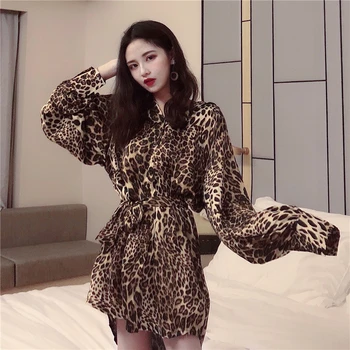

2019 summer new leopard long women blouse and shirts loose sexy night club long sashes turn-down collar shirts outwear coat tops