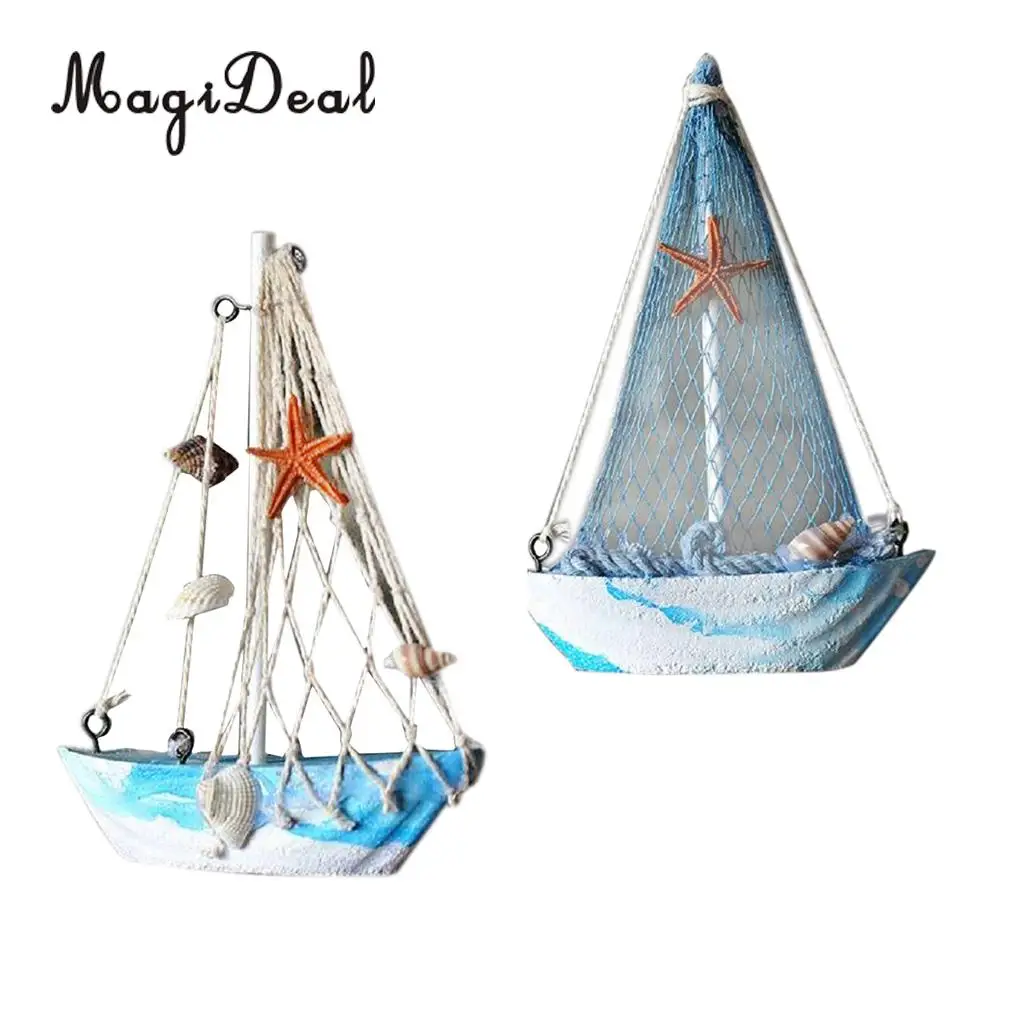2pcs Vintage Mediterranean Style Marine Nautical Wooden Blue Sailing Boat Ship Wood Crafts Ornaments Party Home Room Decoration
