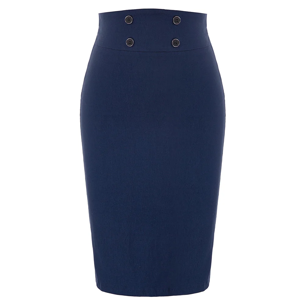 Черные/темно-синие юбки, женские винтажные кнопки в стиле ретро, украшенные коленом сзади, с разрезом на бедрах, облегающая юбка-карандаш, деловая одежда - Цвет: Navy Blue