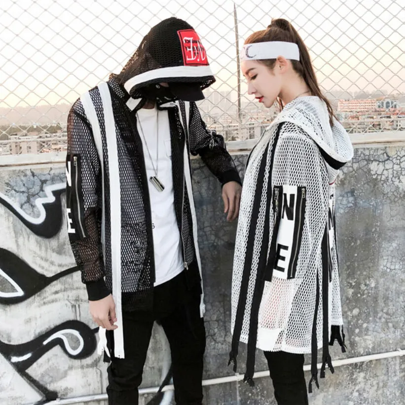 

Men hollow out mesh hooded jackets cloak zipper patchwork windbreaker women hip hop punk jacket coats nightclub stage costume